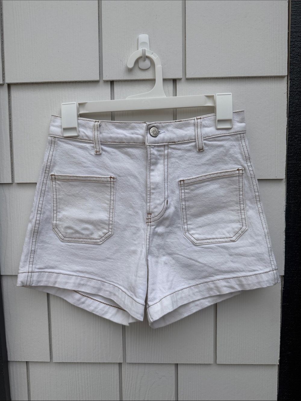 Reformation White High-Rise Denim Shorts with Front Patch Pockets